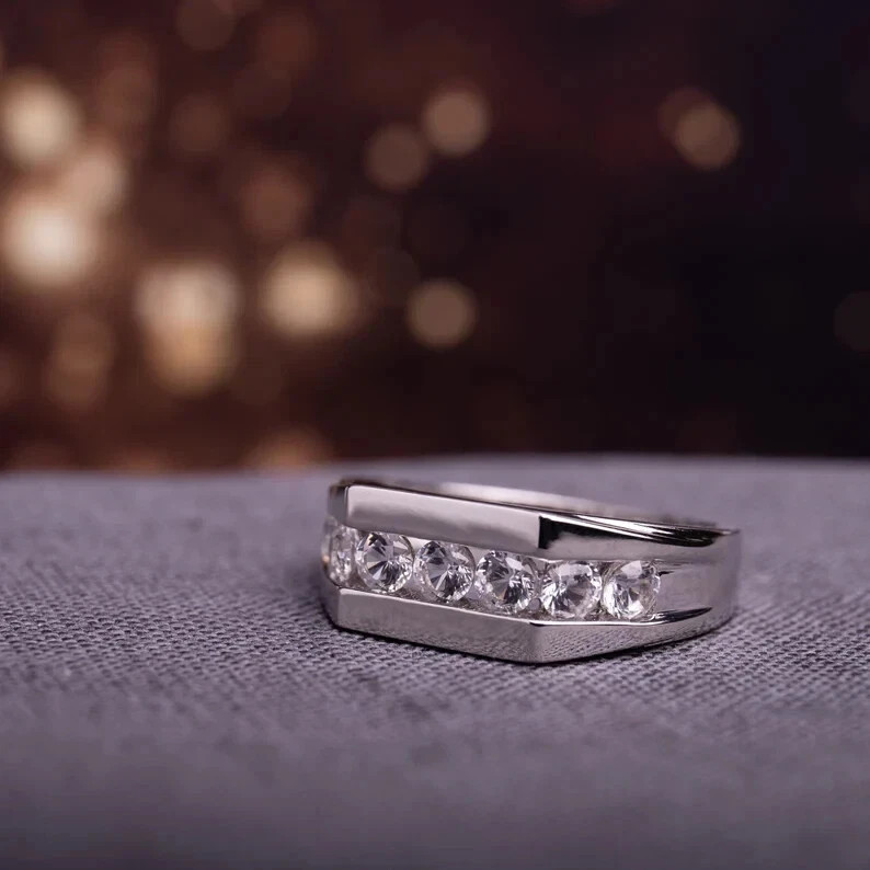 Men’s 2 Ct Round Cut Lab Created Channel Set Wedding Ring 14k White Gold Plated