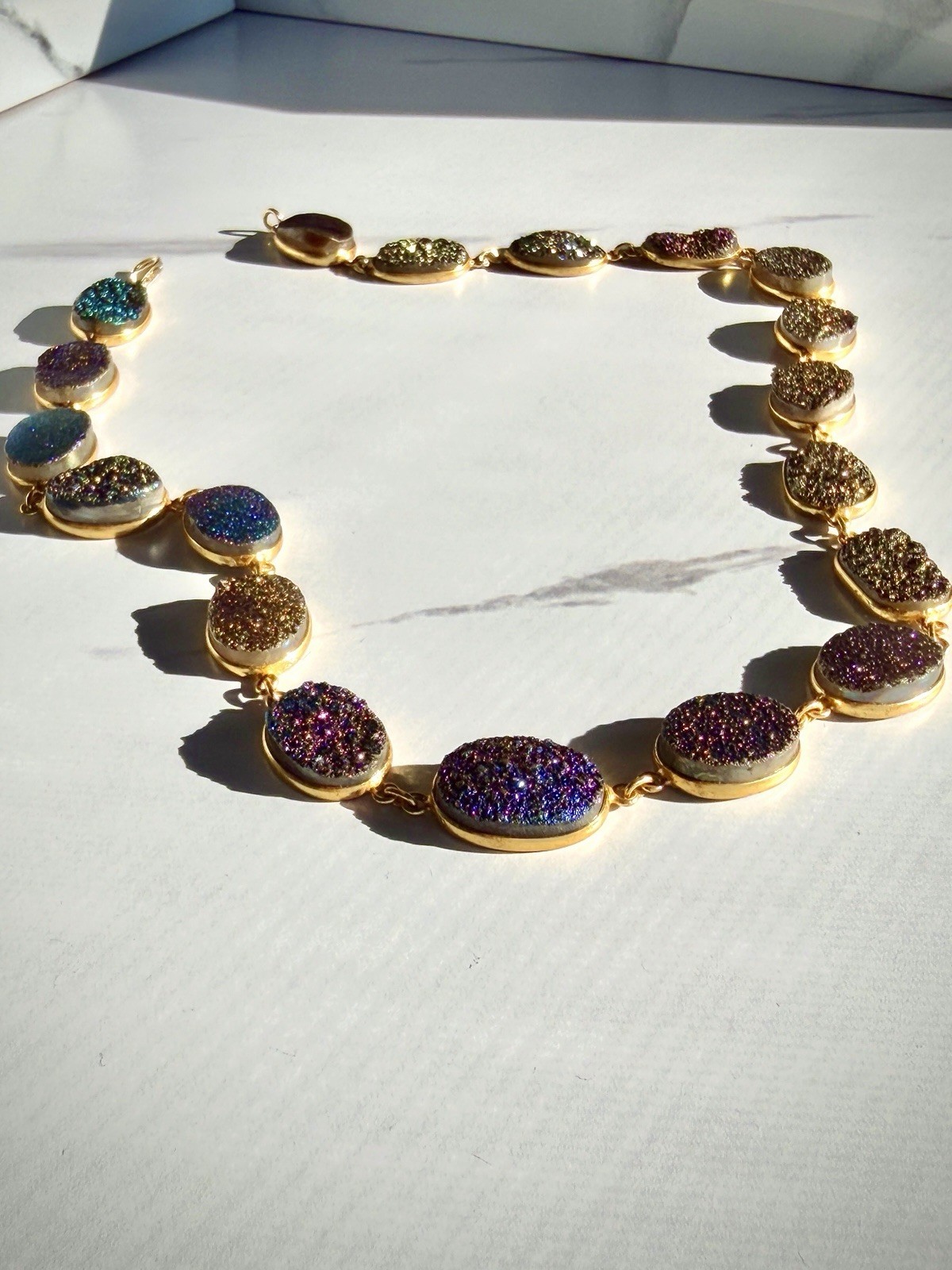 Gold Plated Sterling Silver Multi Color Druzy Link Station Necklace Rainbow New