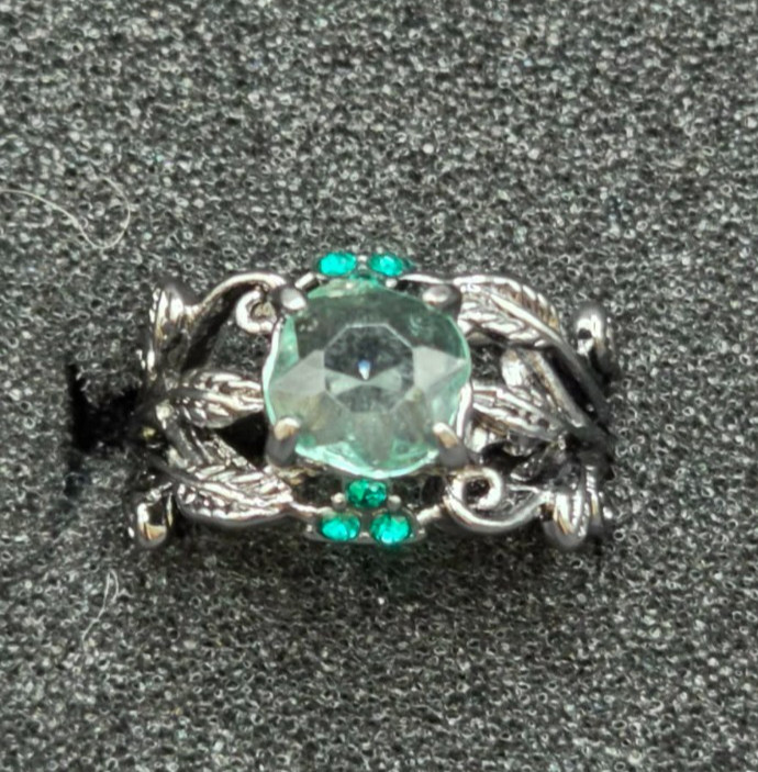 Gunmetal Black Gothic Oval Light Blue Stone Leaf Vine Accent Statement Ring