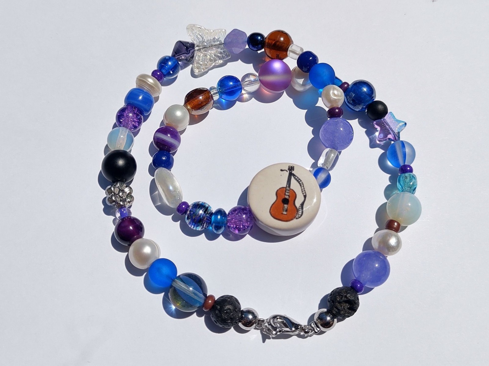 Blue and Purple Guitar Ceramic and Glass Bead Handmade Necklace
