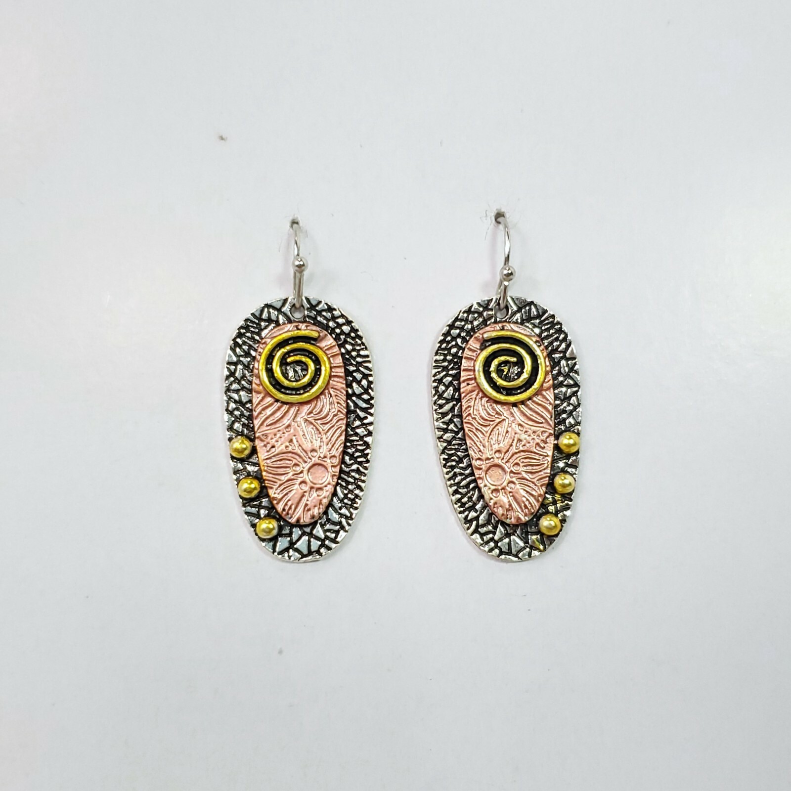 E0478 Antique Silver Gold Copper Tone Oval Shape Dangle Earrings Vintage Woman