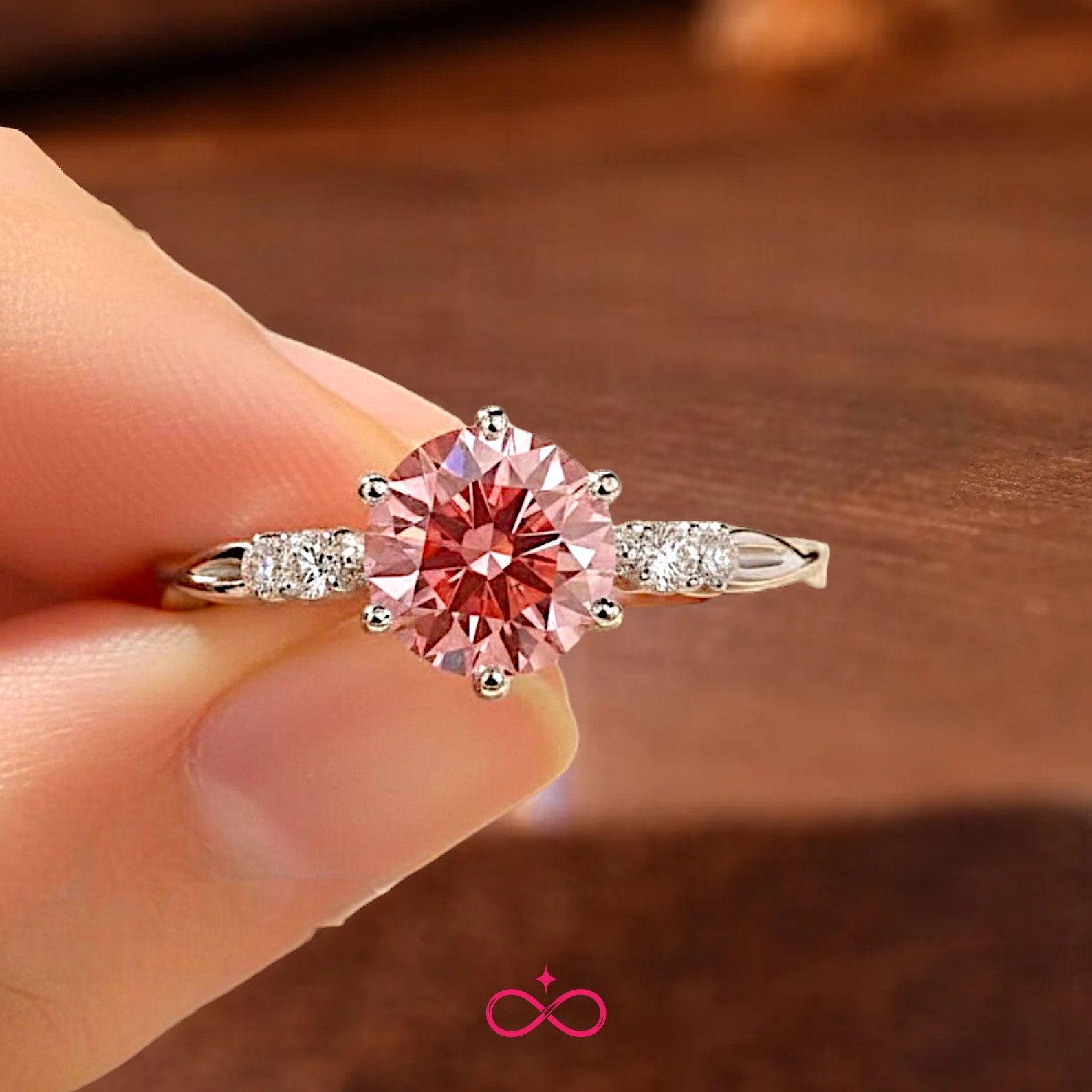 Fancy Vivid Pink Lab Created Round Cut Diamond Ring 2.10 Ct 950 Platinum E VVS2