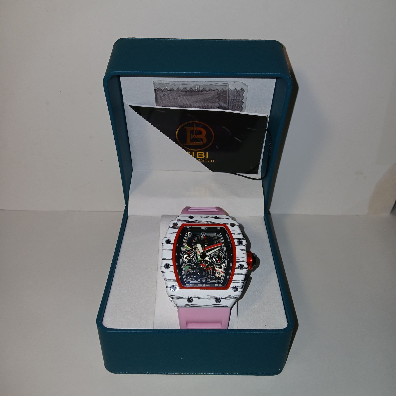 ​BiBi Sports Quartz Watch Chronograph Skeleton Face White Tonneau Pink Rubber