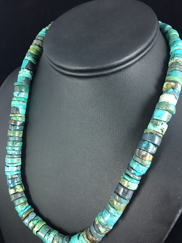 Blue Turquoise Bead 8mm Heishi Navajo Sterling Silver Necklace 20” 1135