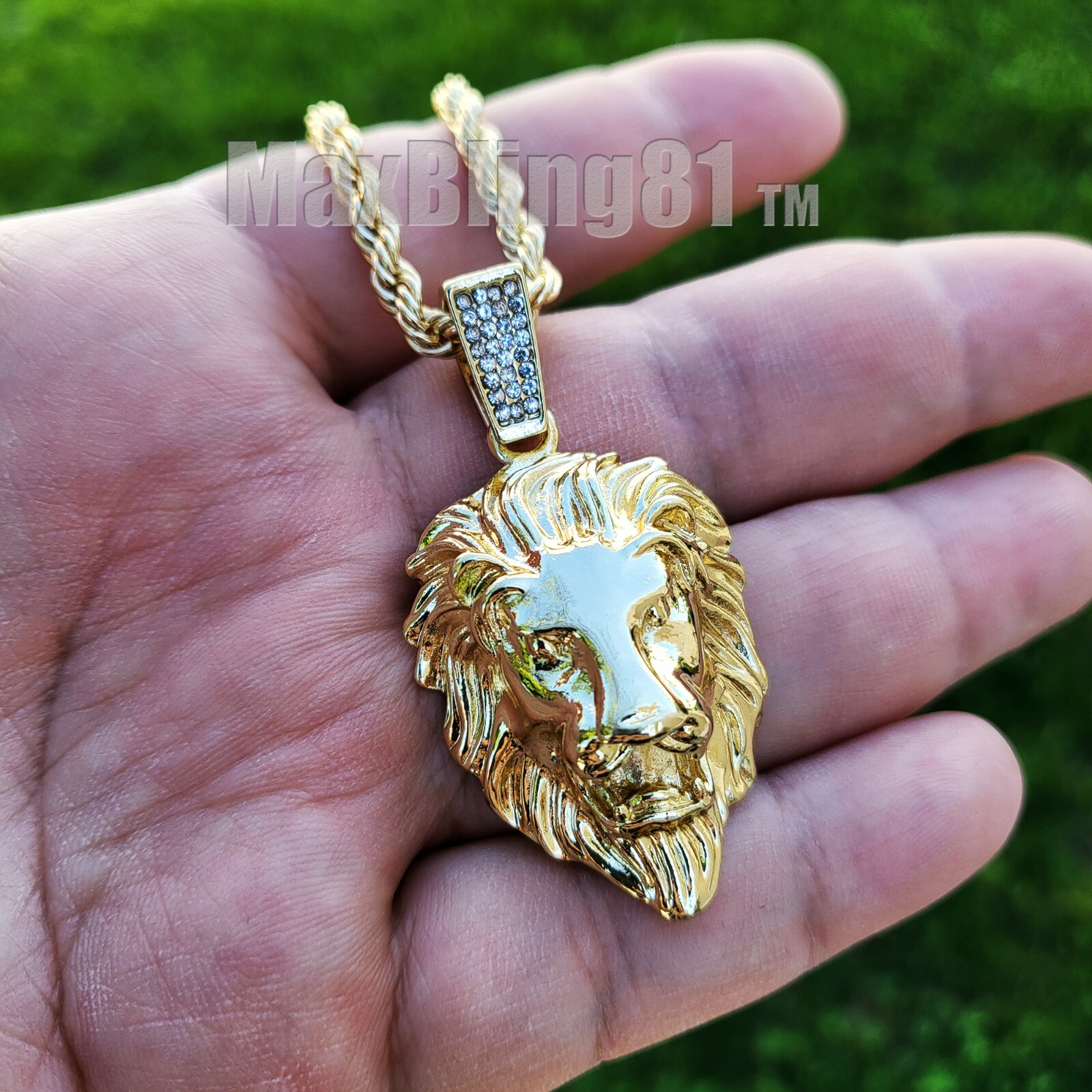 Iced Hip Hop Gold Silver Lion Head Pendant & 4mm 24″ Rope Chain Bling Necklace