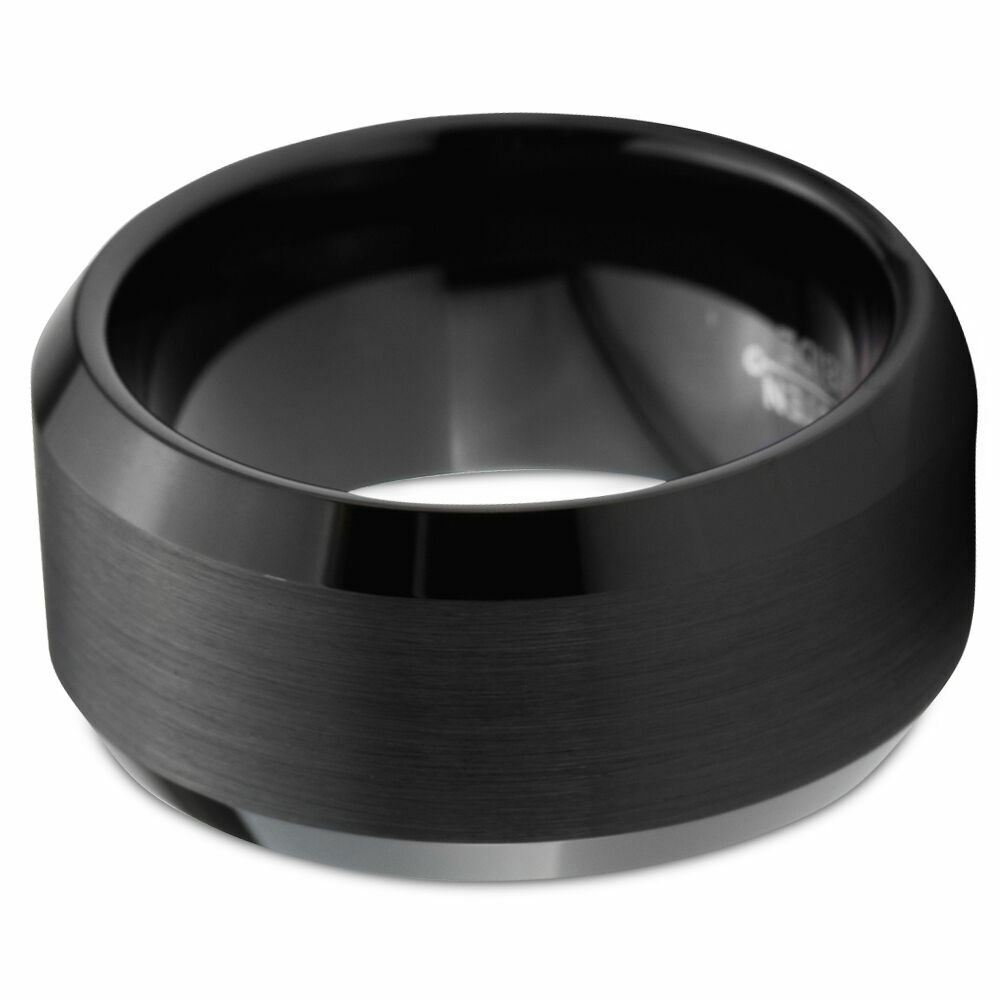 10mm Wide Men Black Tungsten Carbide Beveled Brushed Finished Wedding Band Ring