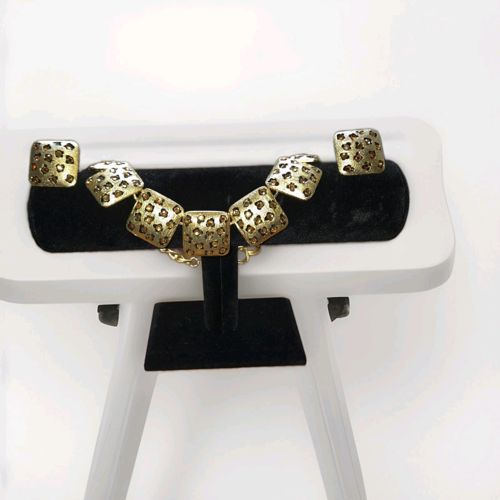 VTG Signed CRAFT Leopard Print Citrine Rhinestone Necklace & Earrings Set