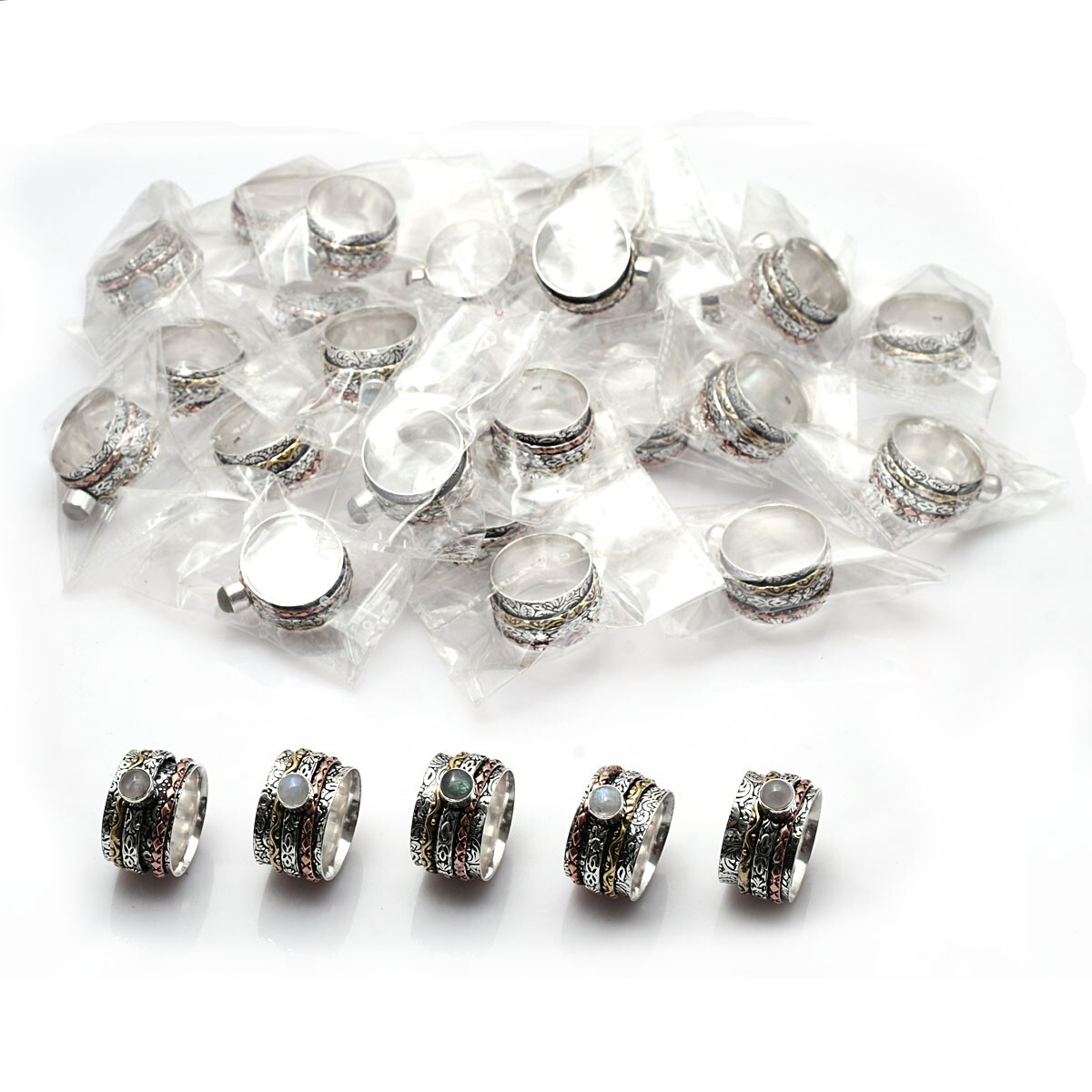 Mix Gemstone Three Tone Spinner 30 Pcs Ring Us All Size Lot Jewelry Lot-2651