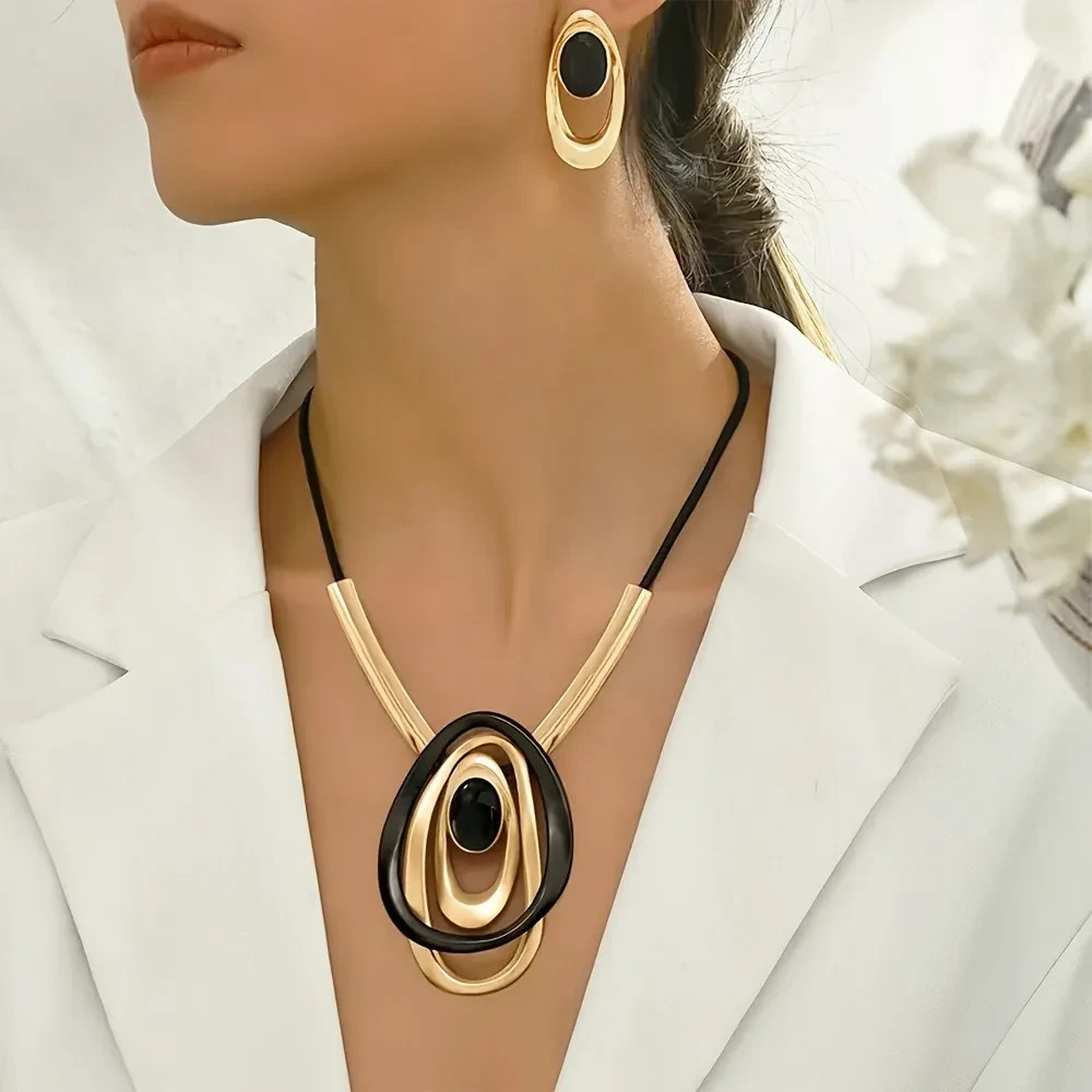 Exaggerated Multi Layer Oval Ring Pendant Necklace Earring Set Women Fashion