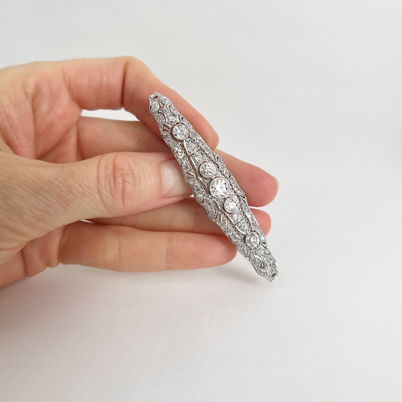 Antique Edwardian Long Filigree Diamond Brooch Pin Platinum, 10.23 Grams