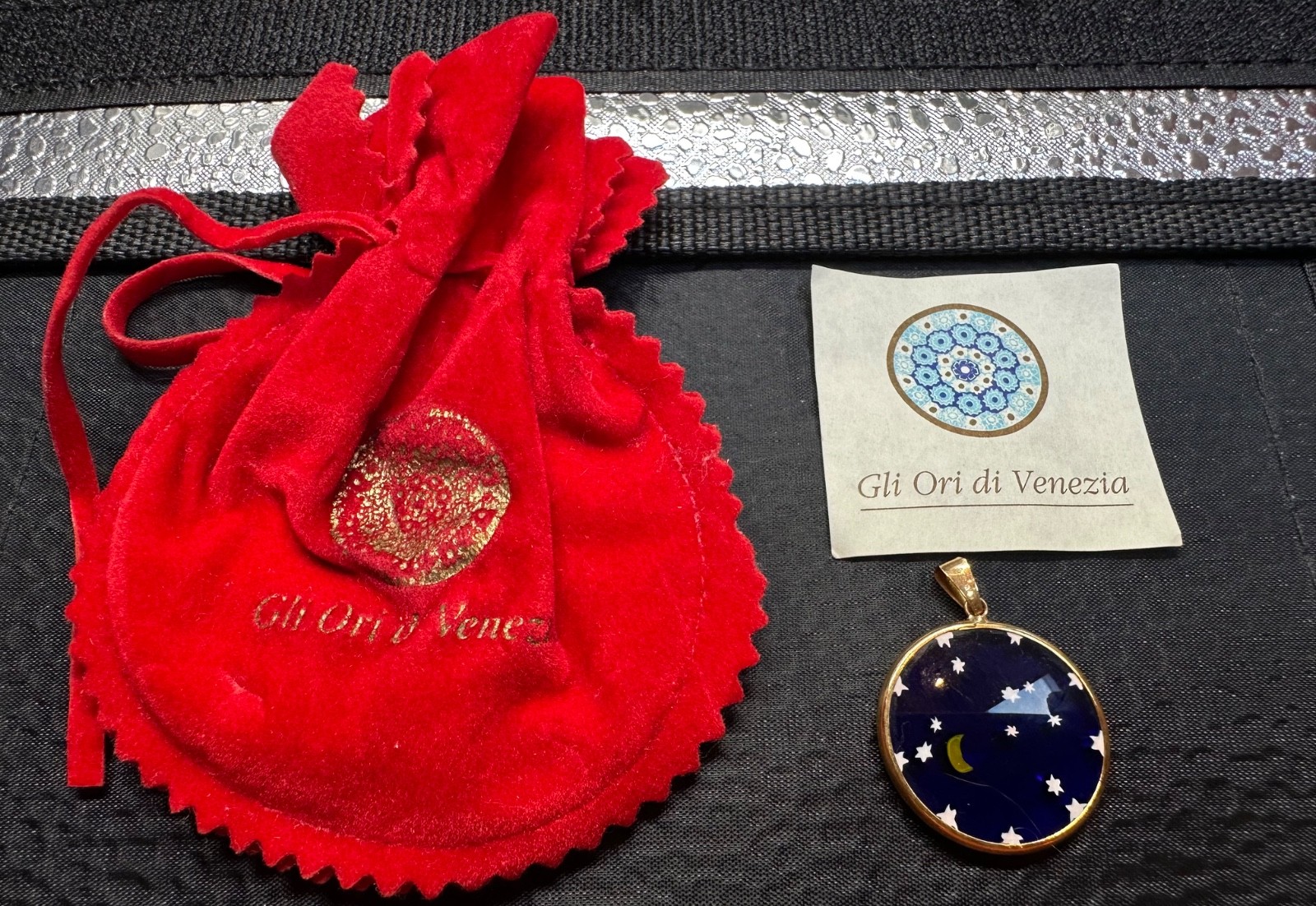 Gli Ori di Venezia glass pendant, 18K rim w/MURANO glass celestial moon, stars