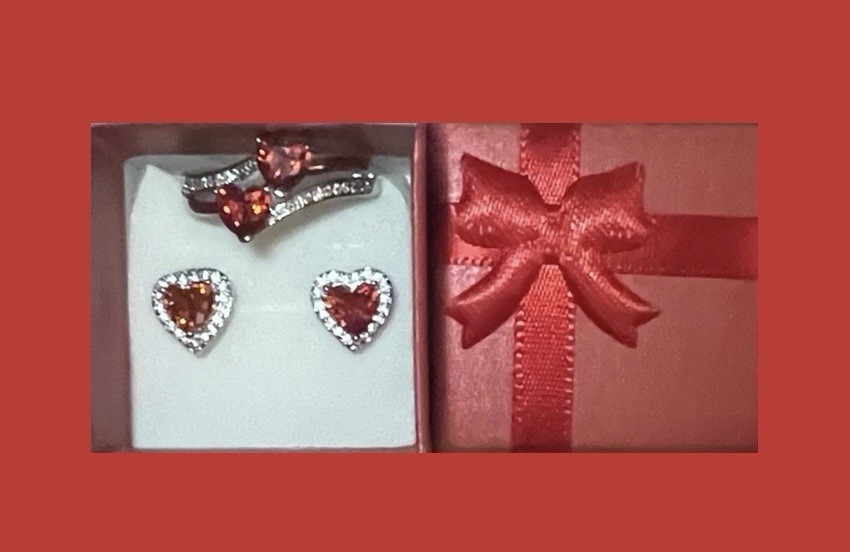 Exquisite Red Garnet CZ Double Heart Ring Size 10 & CZ Halo Heart Earrings Set