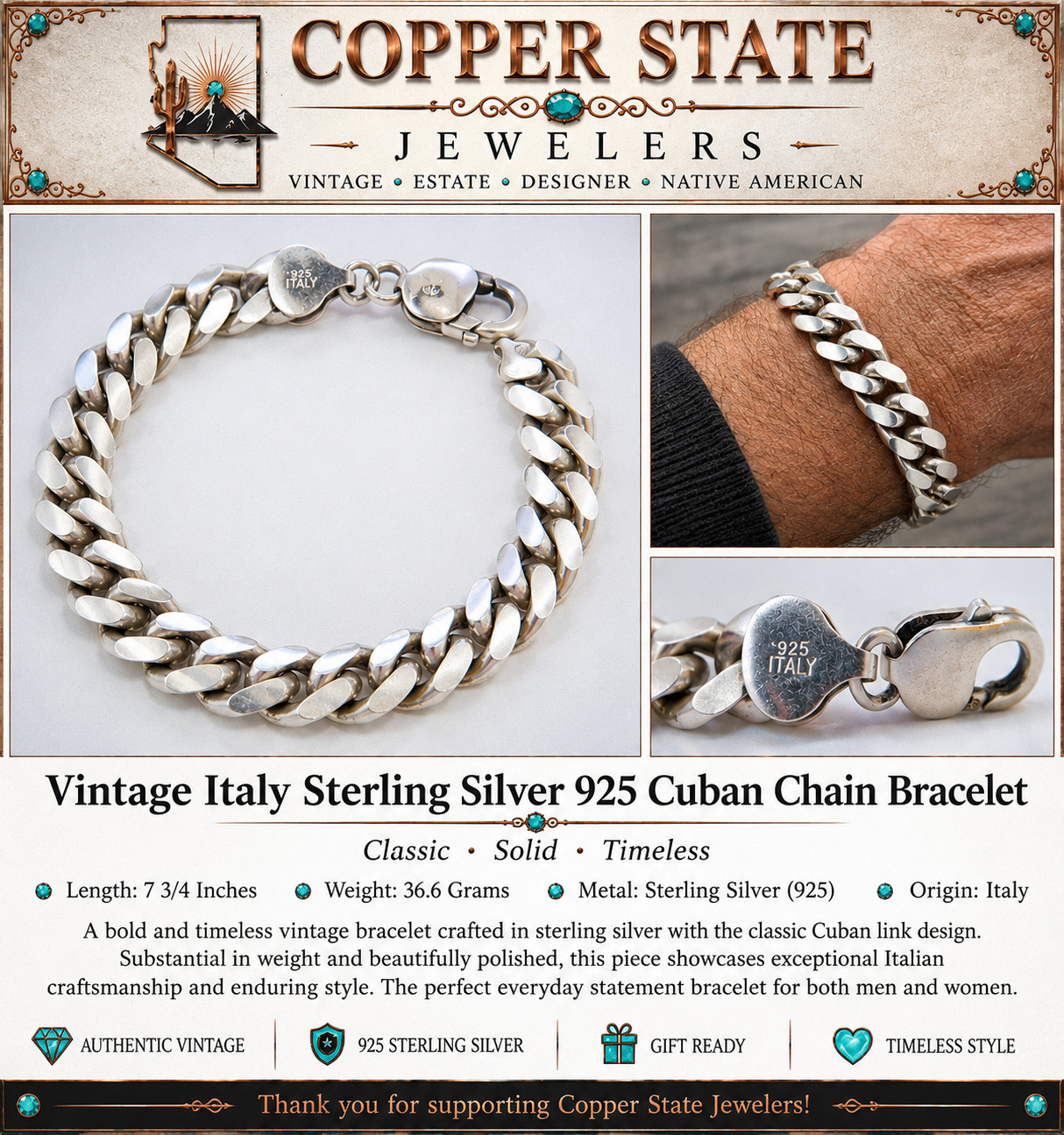 Vintage Italy 925 Sterling Silver Cuban Link Bracelet 7.75″ 36.6g Heavy Unisex