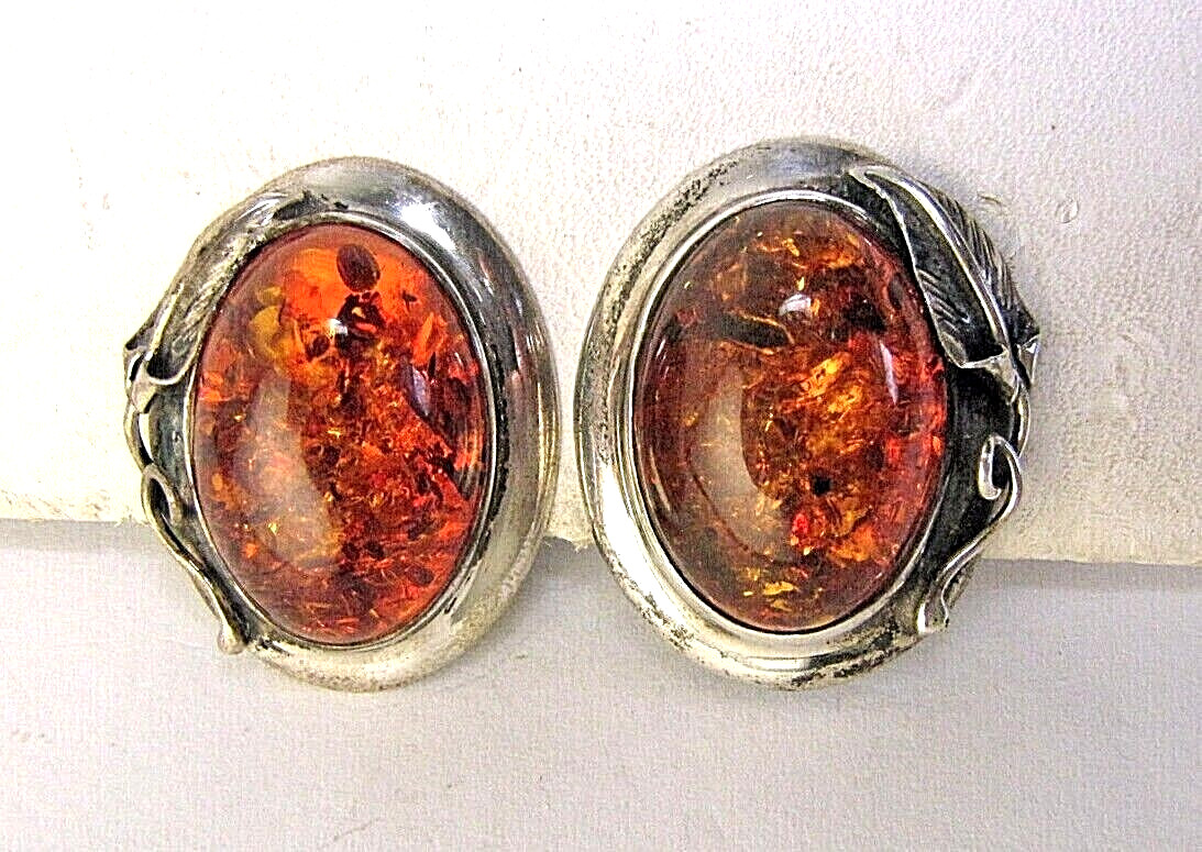 Earrings Vintage Artisan Sterling Silver Amber Peace Lily Clip On Oval