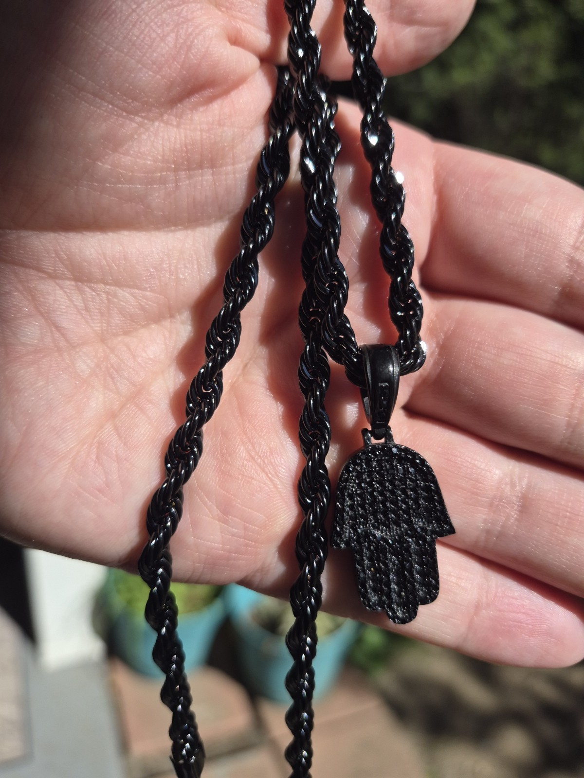 Hamsa Black Stainless Steel Rhodium 20in Twisted Rope Necklace Hamsa Pendant