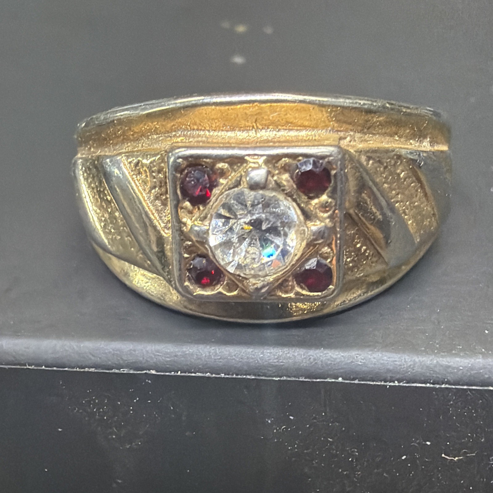Vintage 14k GE Cubic Zirconia & Ruby Man’s Ring Size 12.75