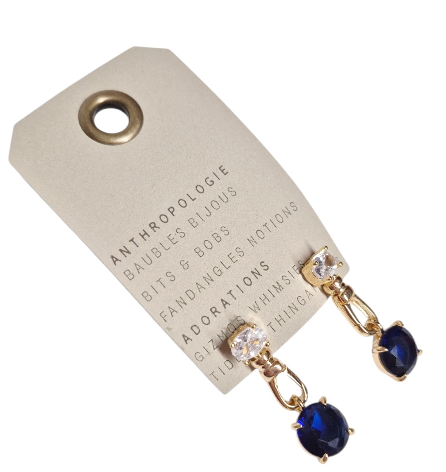 Anthropologie Crystal Clasp Drop Earrings Sapphire Blue 14k Gold Plate Brass NWT