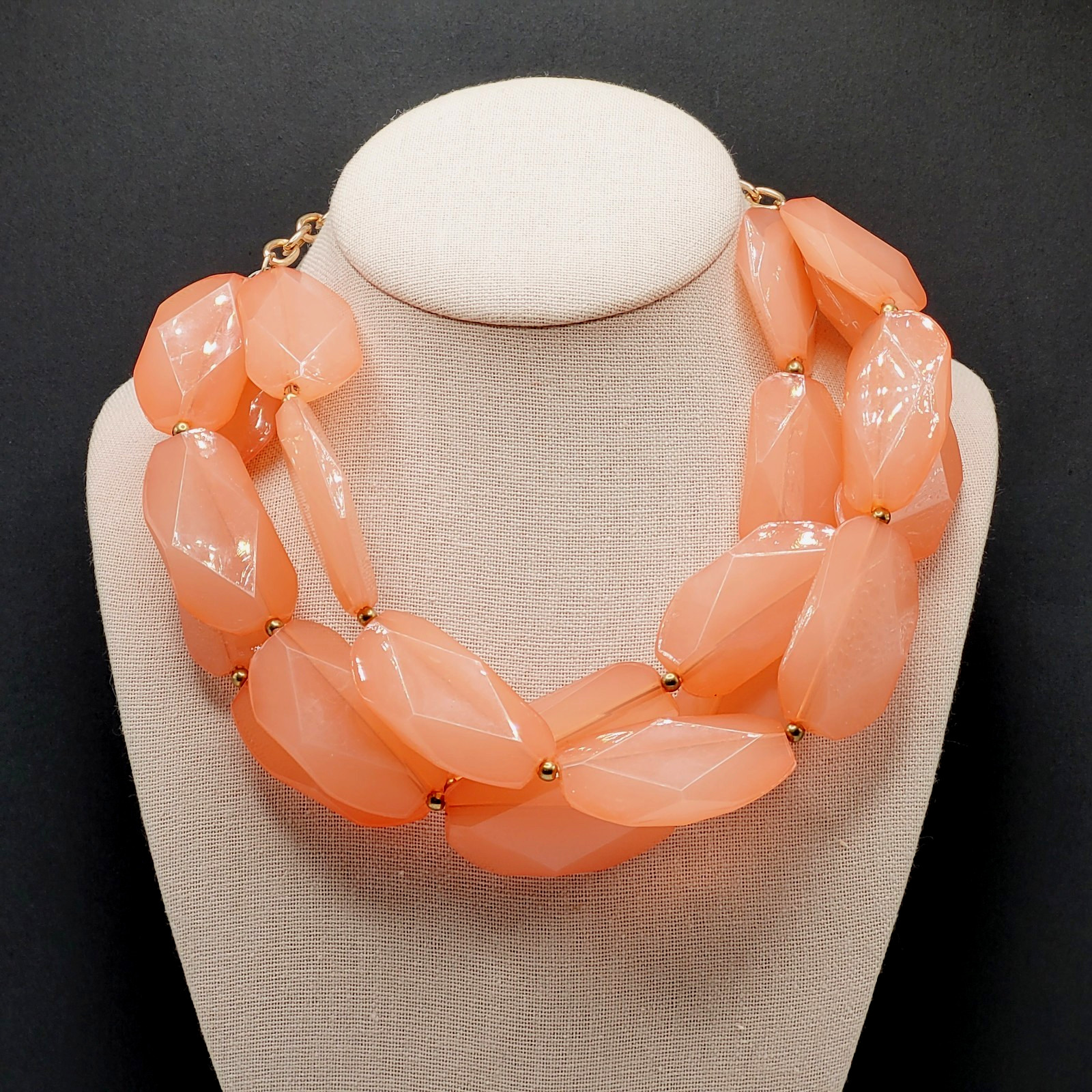 Glamourous Melon Peach Orange Shade Lucite Triple Strand Beaded Necklace 21 Inch