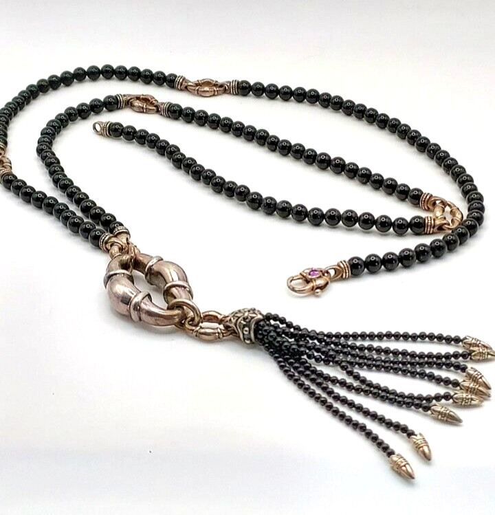 Scott Kay 925 marked Silver & Black Onyx Beaded Bolo Tassel Necklace hangs 24″