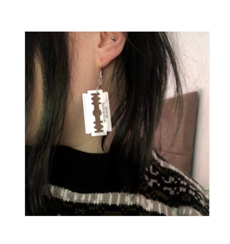 Punk Rock Emo Goth Razor Blade Earrings – 2 3/4″ Drop