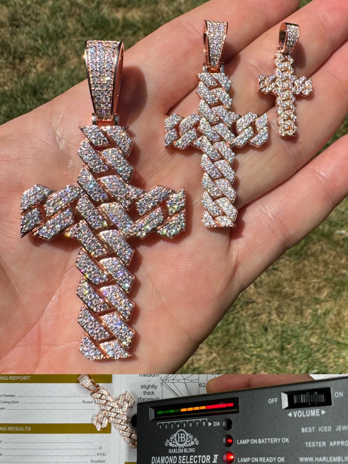 MOISSANITE Prong Miami Cuban Cross Pendant – Rose Gold Over 925 Silver Necklace