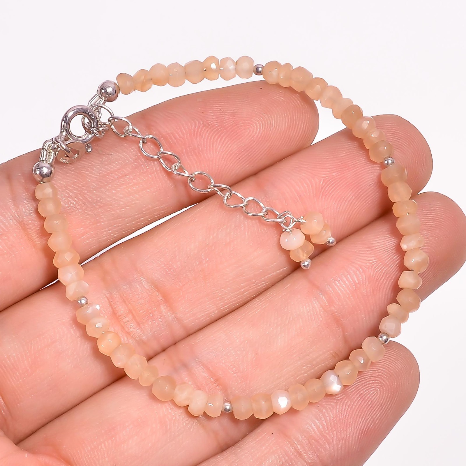 Natural Peach Moonstone 925 Sterling Silver Faceted Beads Bracelet 6-8″ P-922