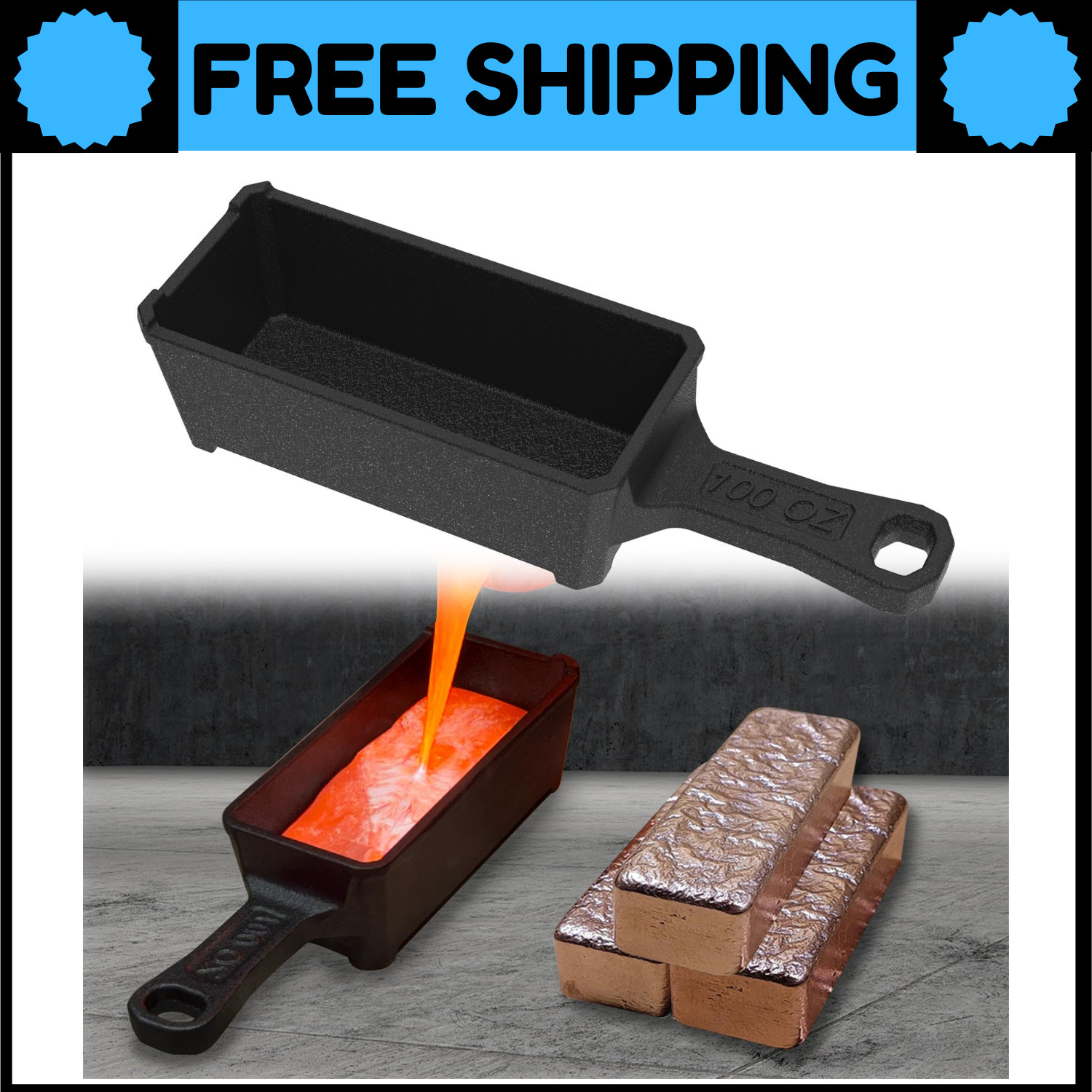 100 Oz Troy Ounce Cast Iron Loaf Bar Ingot Mold Crucible with Handle for Melting