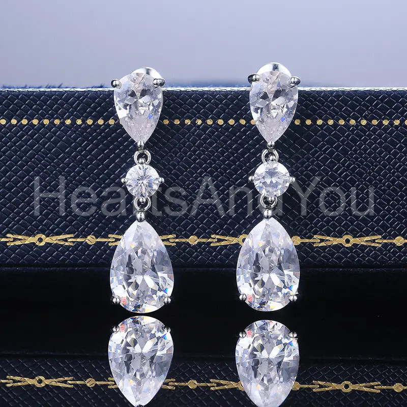 3ct Pear Cut Moissanite Three Stone Drop Dangle Earrings 14K White Gold Plated
