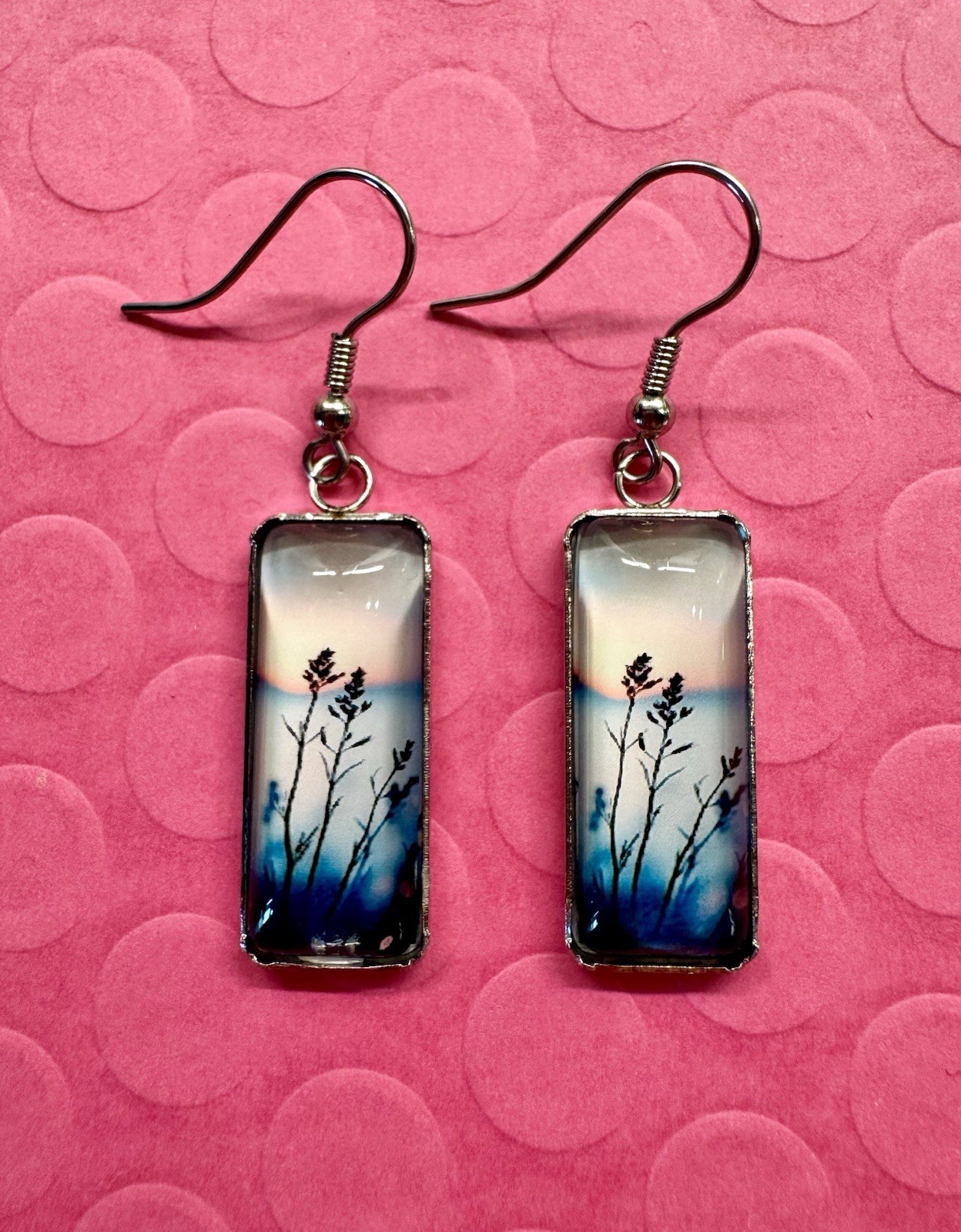 New Beach Seaside Blue Hour Sunset Rectangular Cabochon Dangle Earrings – 1.75”