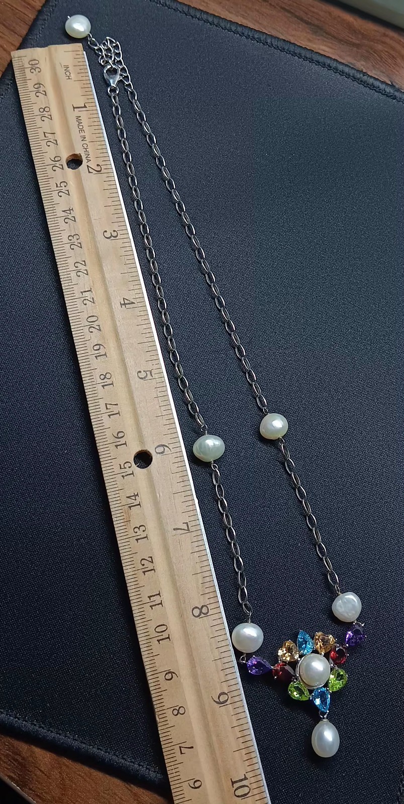 18-20″ Ross Simons Sterling Silver Multi Gemstone & Pearl Chain Station Necklace