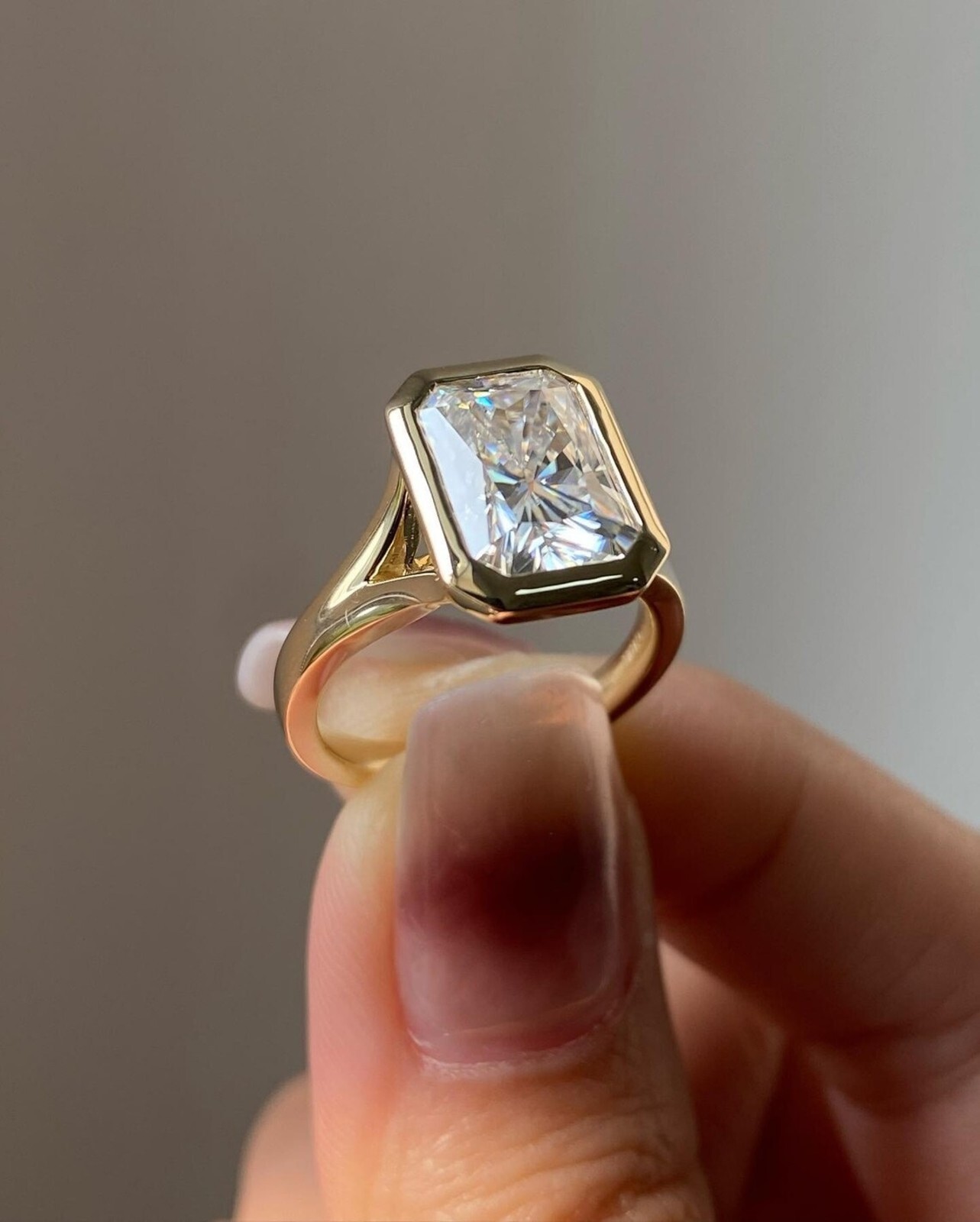 Radiant Cut Moissanite Solitaire Bezel Set Wedding Ring 14K Yellow Gold Plated