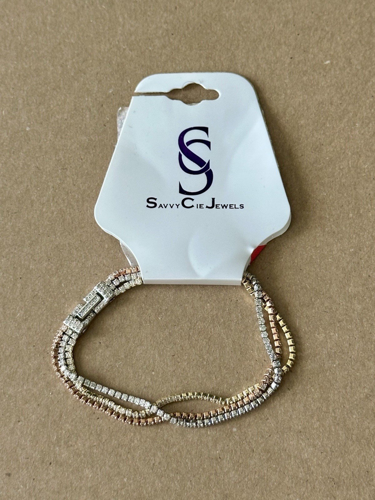 🆕 Savvy Cie Jewels Tri-Tone Crystal Bracelet Gold, Silver & Rose Gold, One Size
