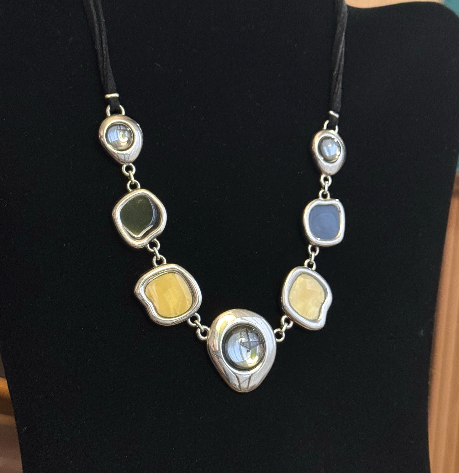 LIA SOPHIA ‘Milky Way’ Black Yellow Gray Enamel & Glass Silver Tone Necklace