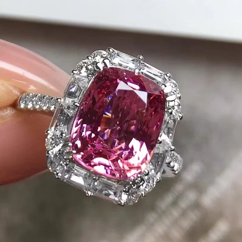 6.50Ct Cushion Cut Natural Pink Sapphire & Solid 14K White Gold Engagement Ring