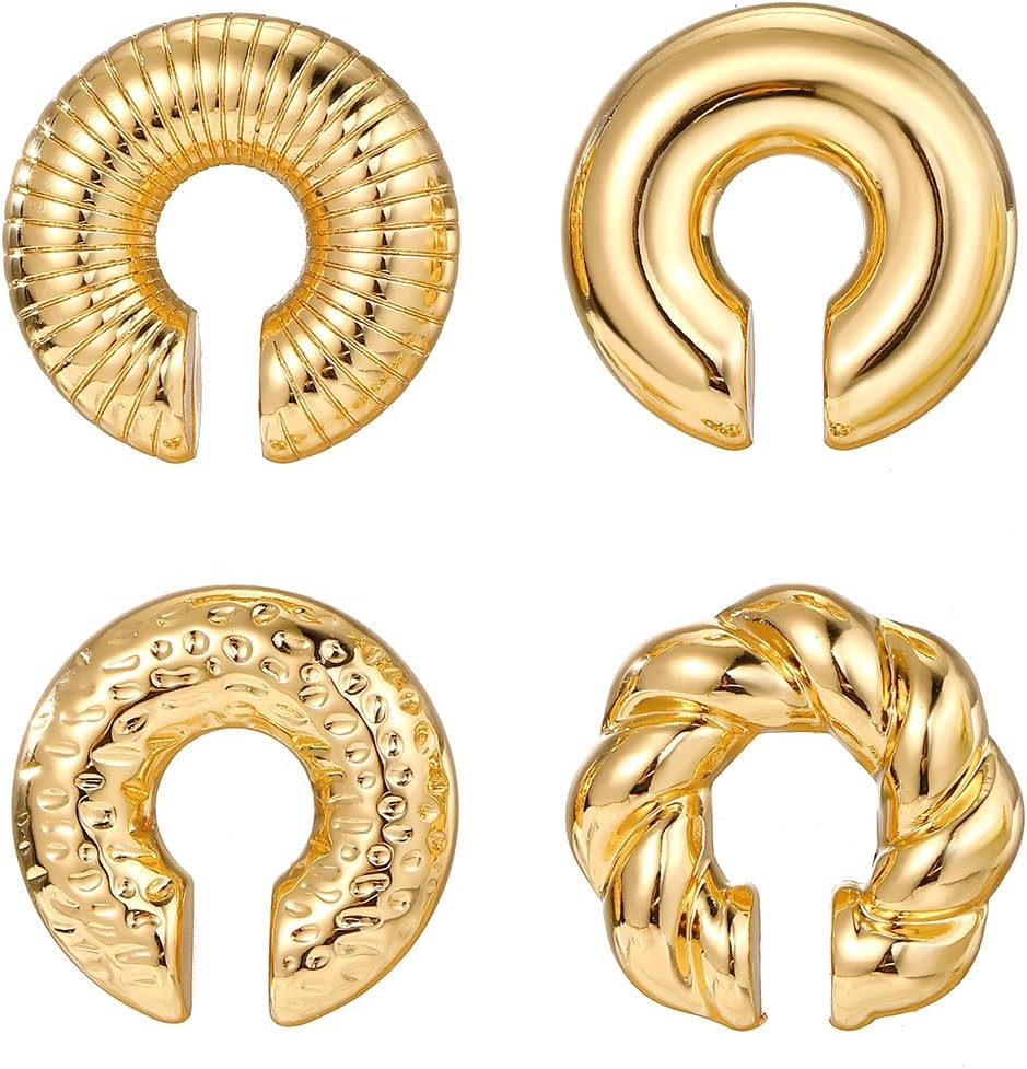 4 Pcs Chunky Ear Cuffs Non Piercing for Women, Golden C-Shaped Clip on Cartilage