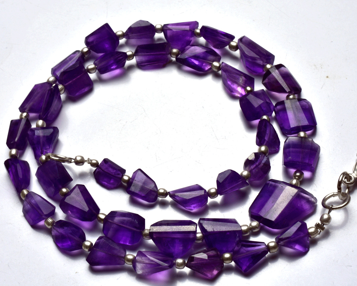 NATURAL SUPER AFRICAN AMETHYST FACETED NUGGETS BEADS NECKLACE 7 TO 13 MM 17″