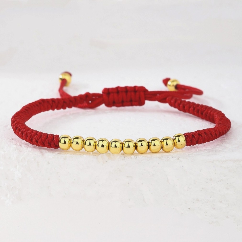 Elegant Gilded Lucky Beads Hand Woven Red Rope Drawstring Adjustable Bracelet
