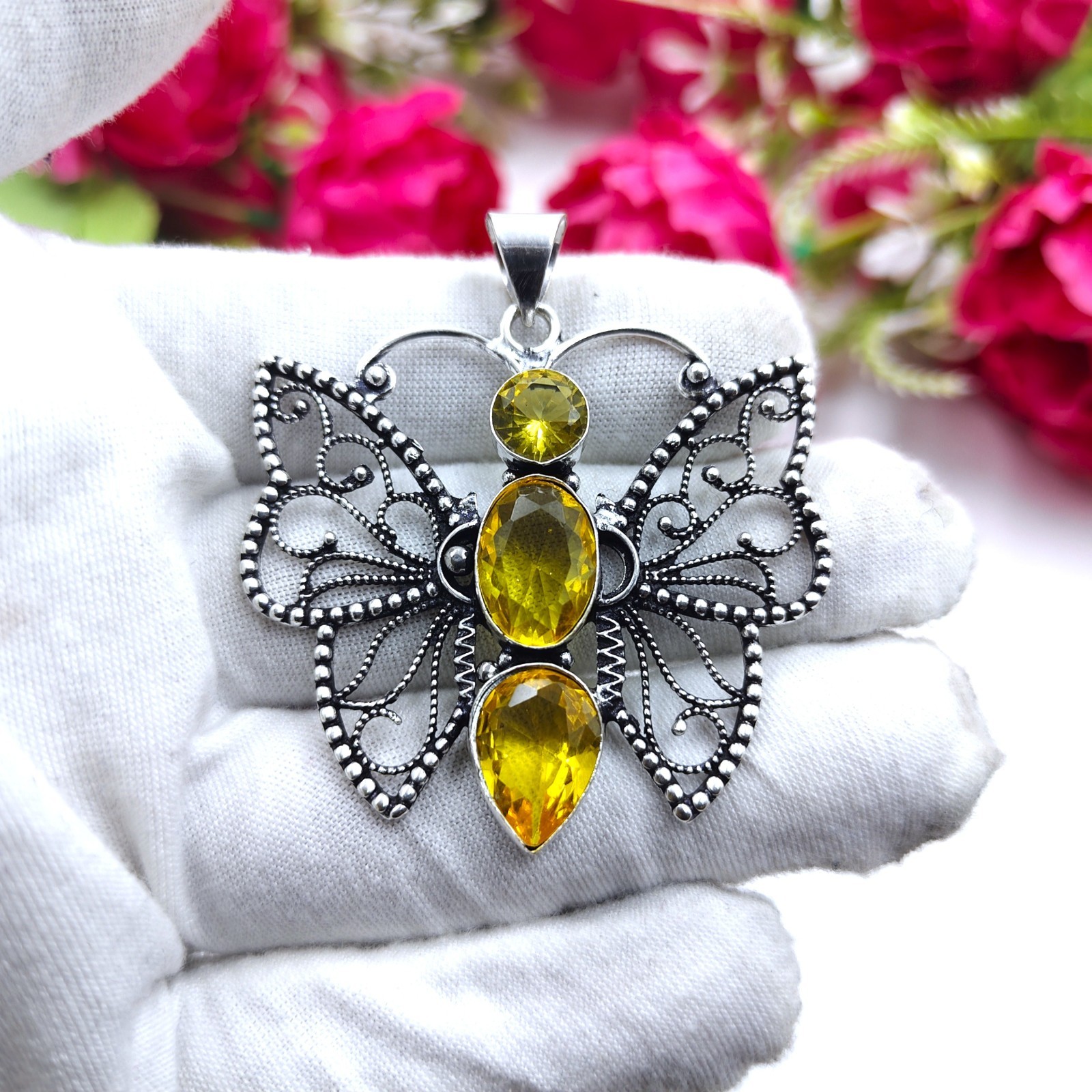 Yellow Citrine Gemstone Handmade 925 Sterling Silver Jewelry Pendant Size-2.25″”