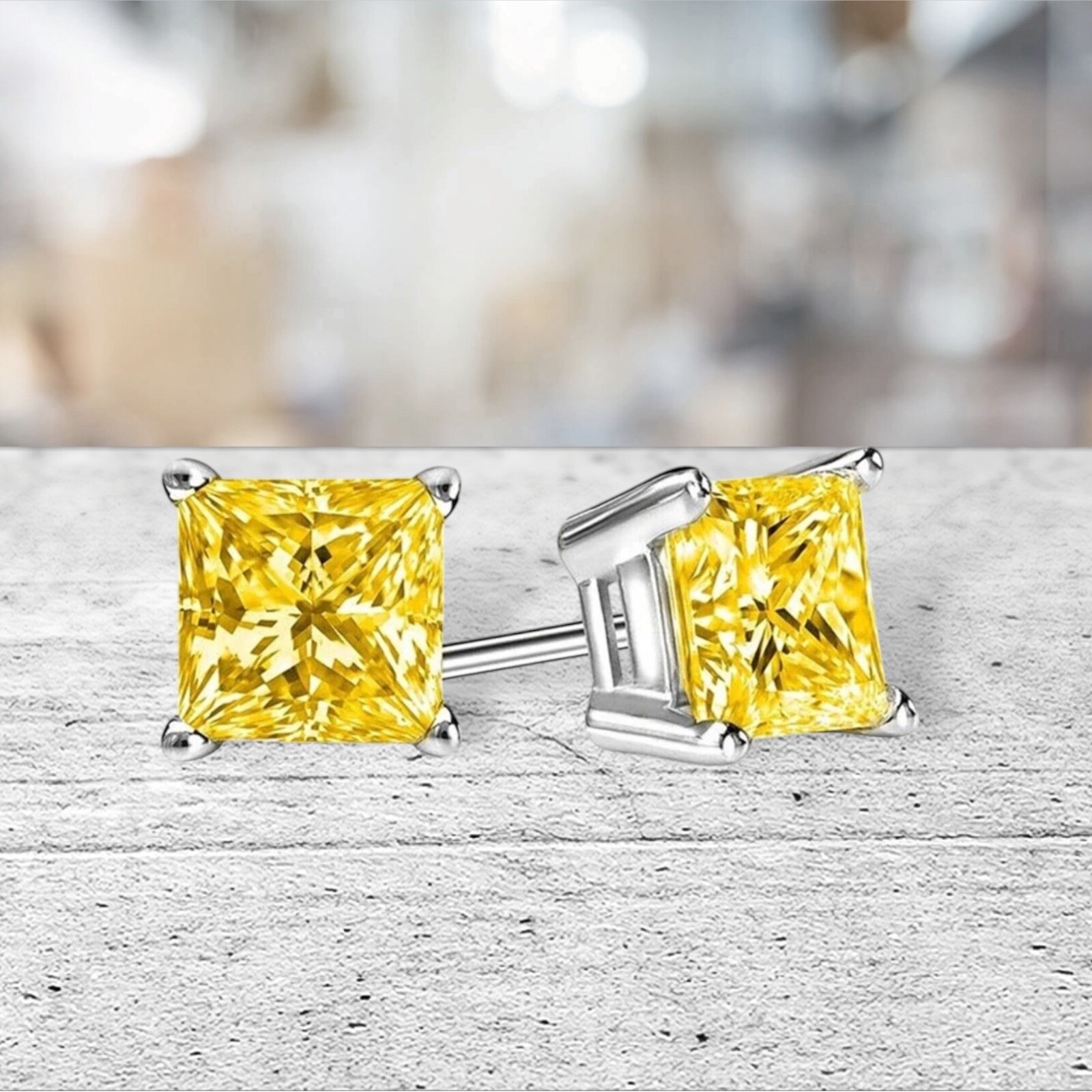 .50 ct. Genuine Canary Yellow Sapphire Princess Stud Earrings – Sterling Silver