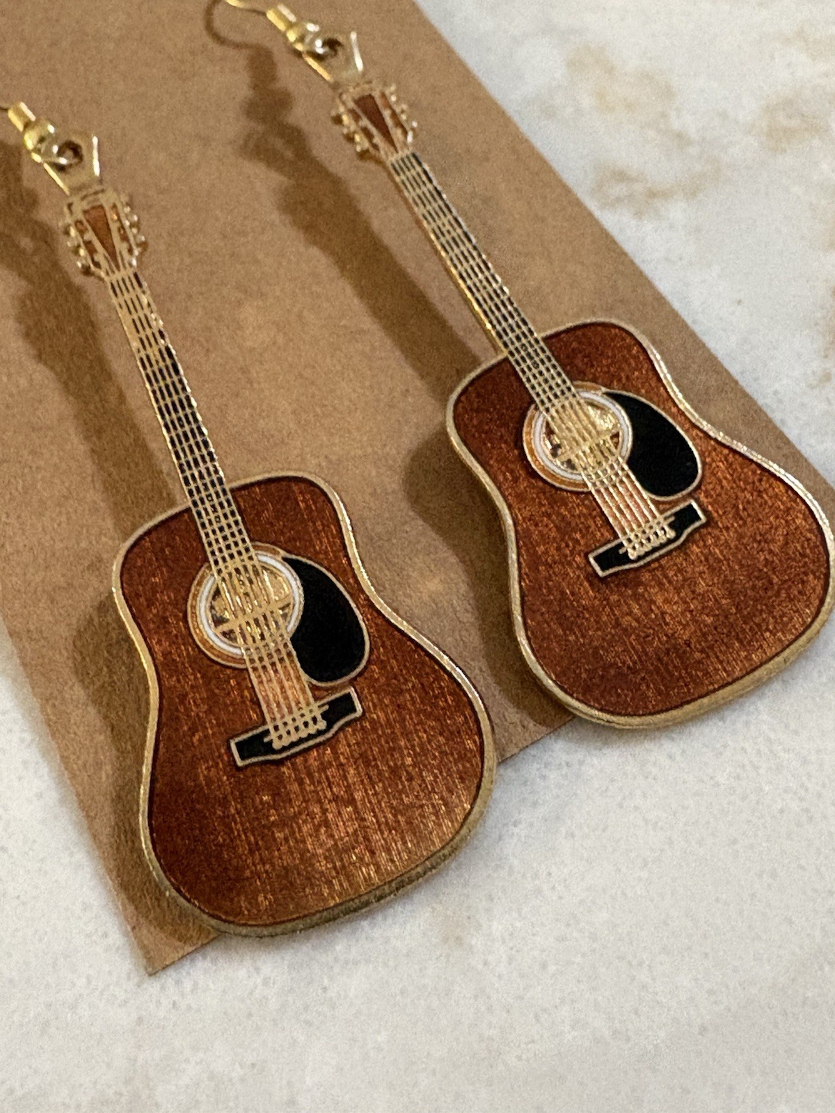 Future Primitive Cloisonne Martin Acoustic Brown Guitar Earrings Wire Dangle USA