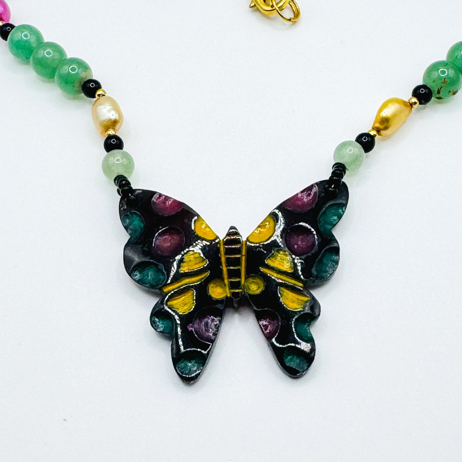 Multicolour Green Glass Butterfly Pendant Beaded Necklace 51cm Bead Artisan