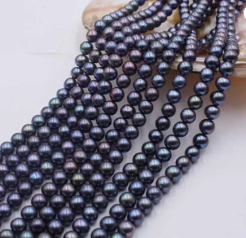 Perfect AAA+7-8mm Natural Black Tahitian Round Pearl Necklace 14K Gold 16/36inch