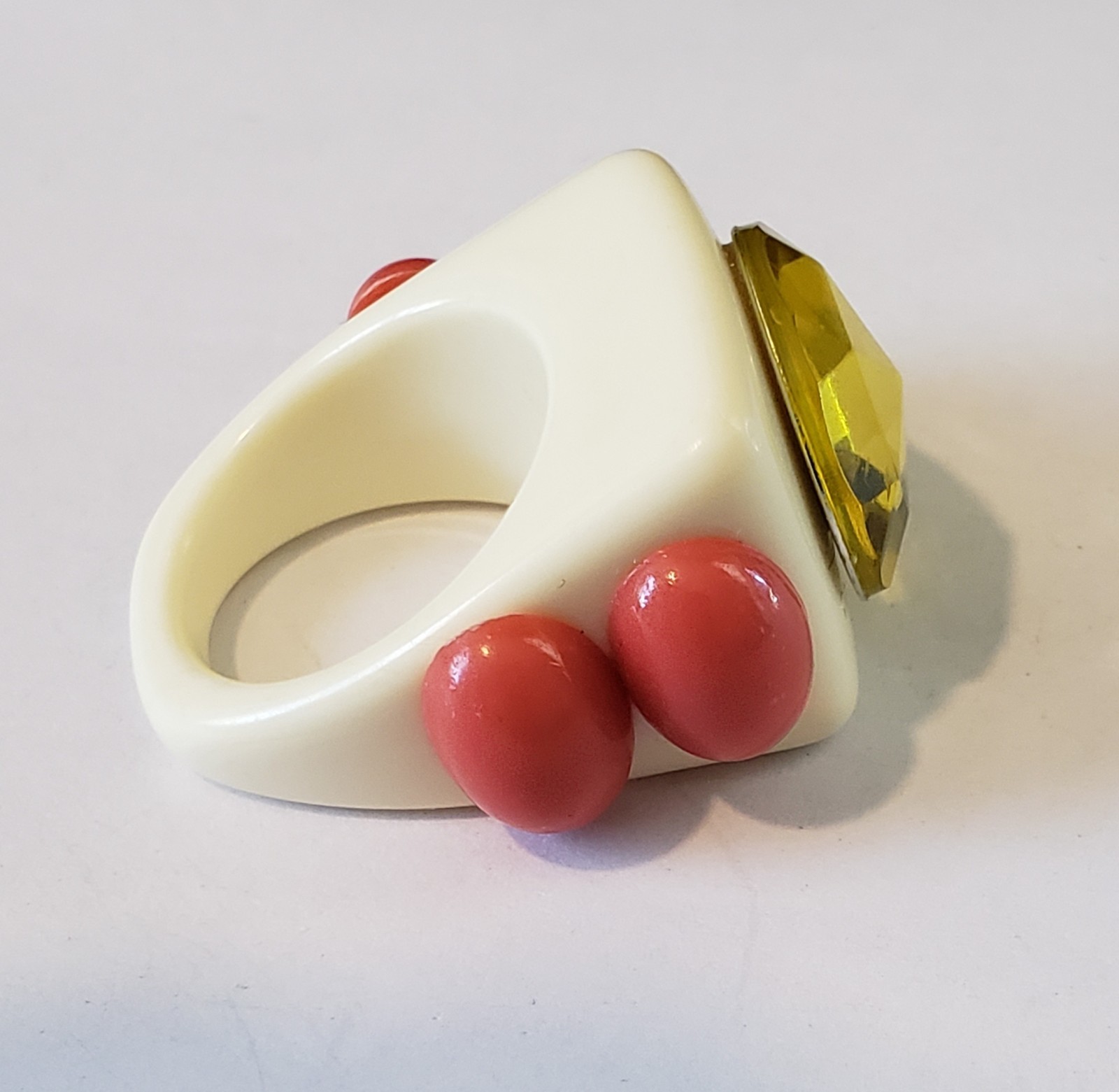 Signed La Manso Ring White Dark Pink Side Cabochons Yellow Faceted Top Sz 5