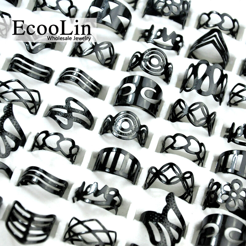 100Pcs Wholesale Lots Mix Titanium Black iron Alloy Rings For Women Men Jewelry