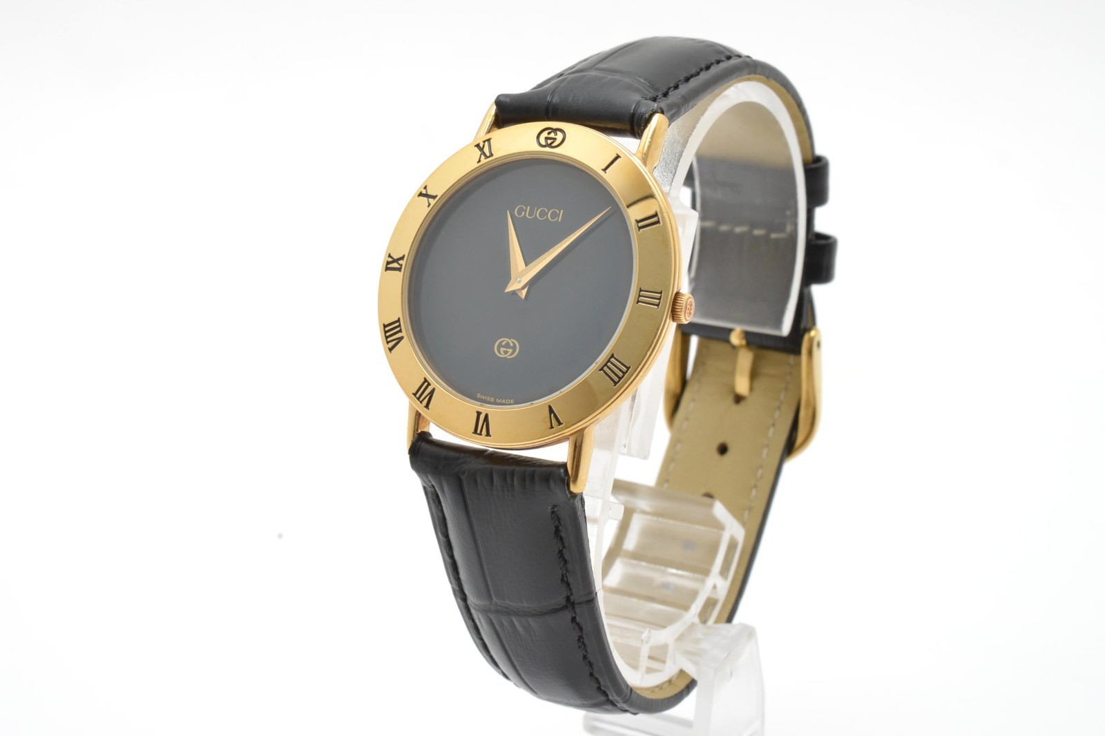 GUCCI 3000M Quartz Men’s Watch Black Dial Gold Roman Bezel Swiss Made