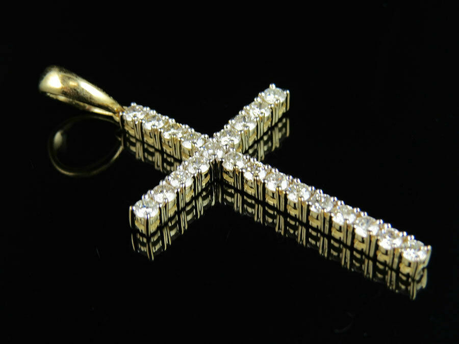 14K Yellow Gold Finish One Row Shared Prong Diamond Cross Pendant Charm 2 ct