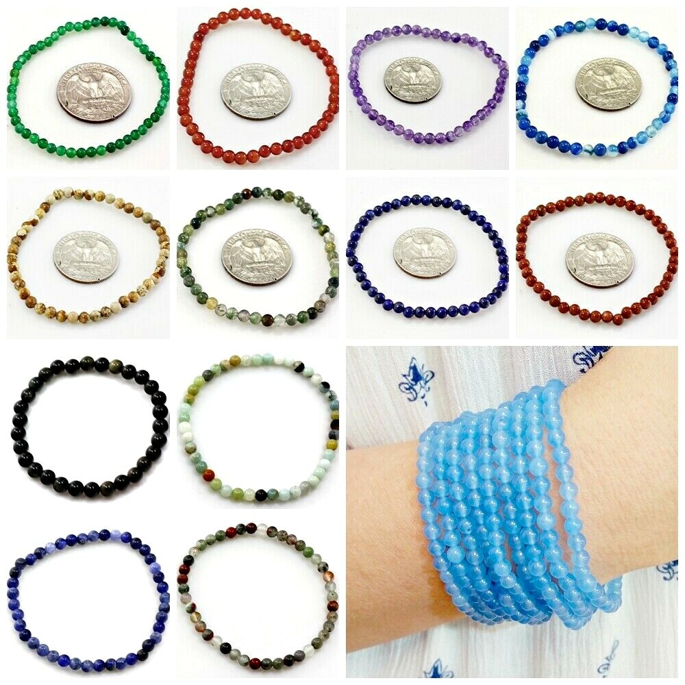 4mm Handmade Round Beaded Bracelet Stretch Healing Pristine Natural Gemstone Kid