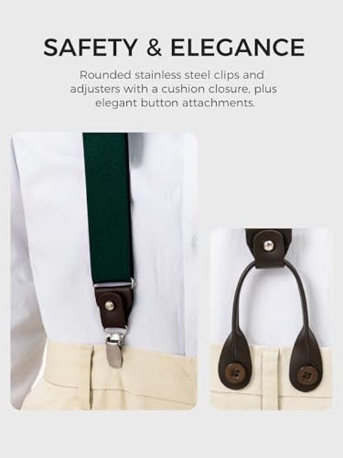 Suspenders for Men with Clip & 6 Buttons 1.4in Y-Shape Stainless Dark Green