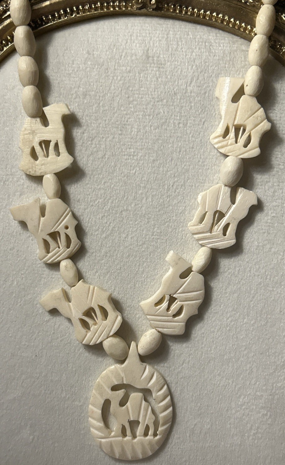 Vintage Hand Carved Bone Camel Necklace Tribal Safari Boho Made In Africa 1980’s