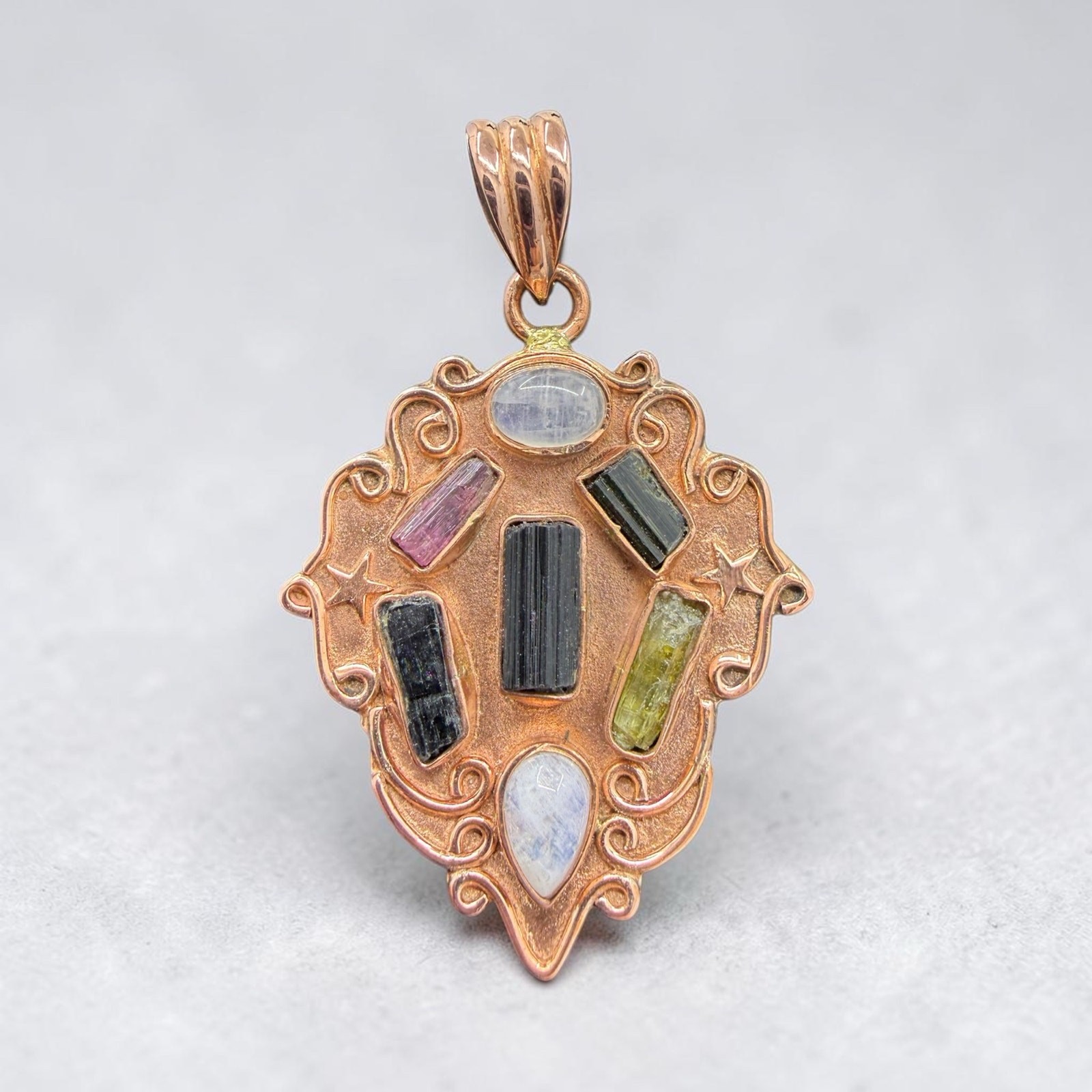 Multicolor Tourmaline Moonstone Copper Shield Pendant Handmade Pink Green Black